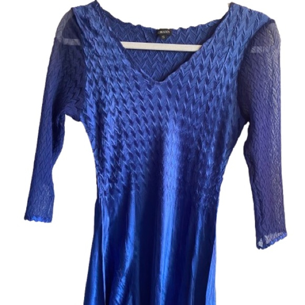 KOMAROV V-Neck Pleated Dress w/ Sheer Sleeves & Hemline Size Small Blue - Picture 5 of 14